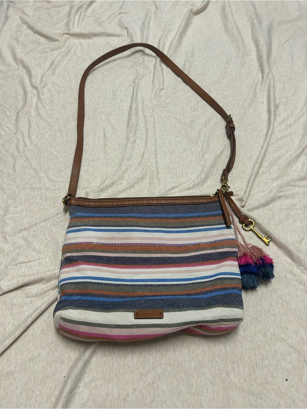 Fossil Fiona Canvas Crossbody Bag with Charms Colorful Stripes Boho Southwestern